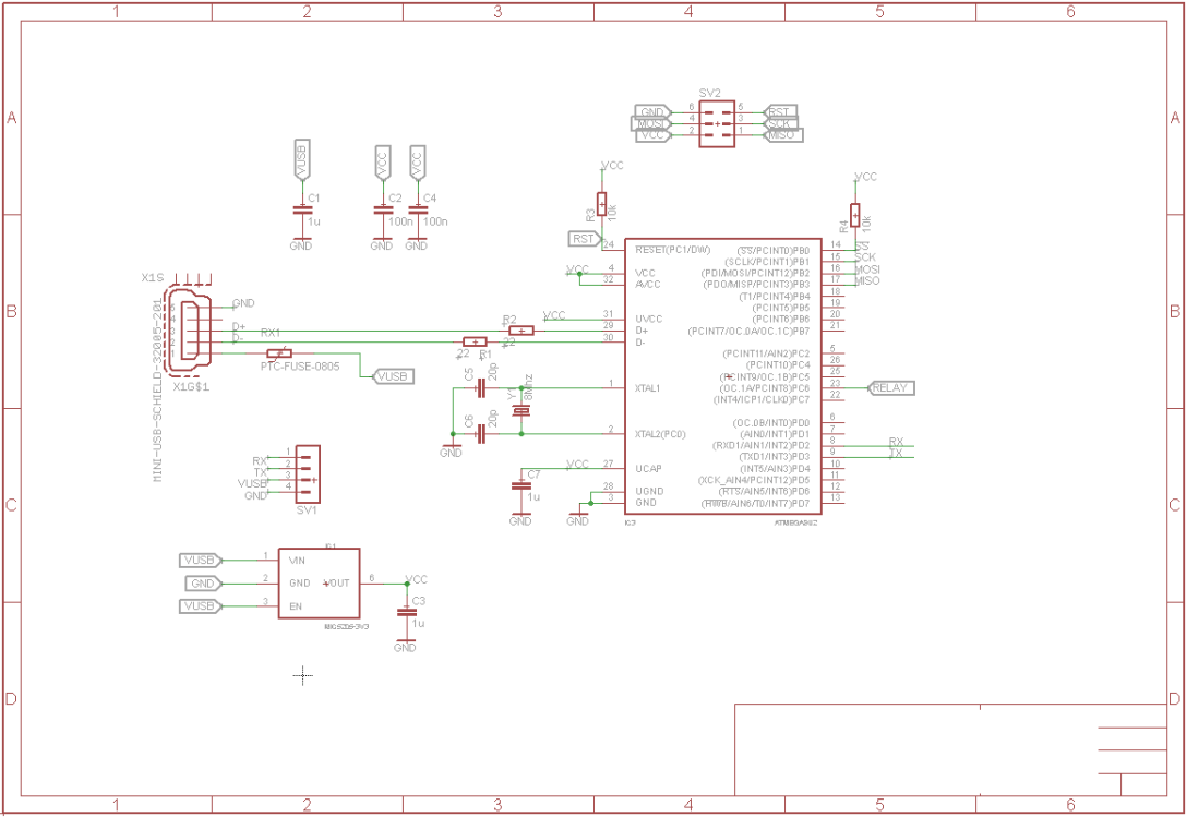 Simple ATmega8u2 USB circuit: it has an USB connector, μC itself, some components that μC needs and voltage regulator. You burn the bootloader via ISP connector and program via USB.